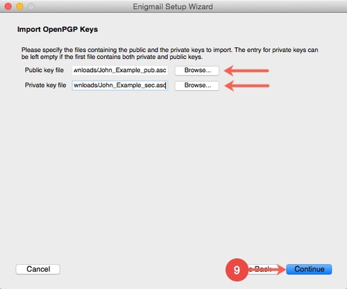 Click the "Browse" button and paste first your public key and then your private key. Confirm by clicking "Continue".